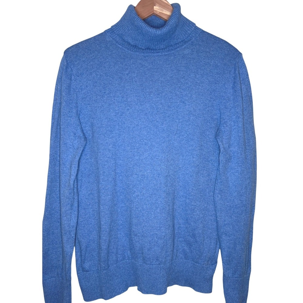 LL Bean Foldover Turtleneck M Blue Cotton Cashmere Soft Knit Ribbed Cuffs Hem